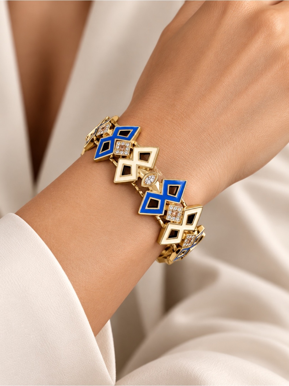 nOir NYC Geometric Enamel Crystal Link Bracelet Blue Cream Gold NWT